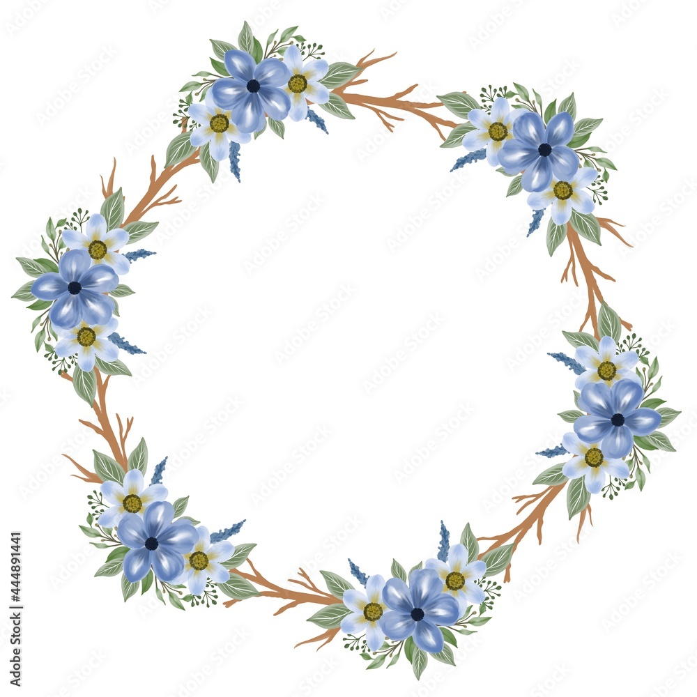 circle frame with blue bouquet and branch border