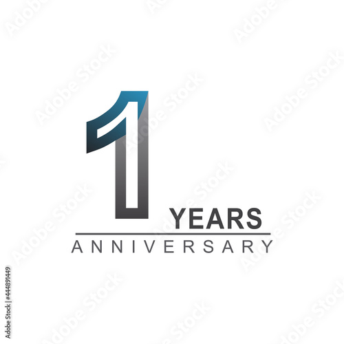 1st years anniversary logotype bold line number with grey and blue color for celebration event isolated on blue background