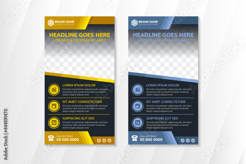 Set of abstract geometric banner template. Vertical layout combined with multicolored gold and blue pastel design on elements. Diagonal space for photo collage. black background with papercut style.