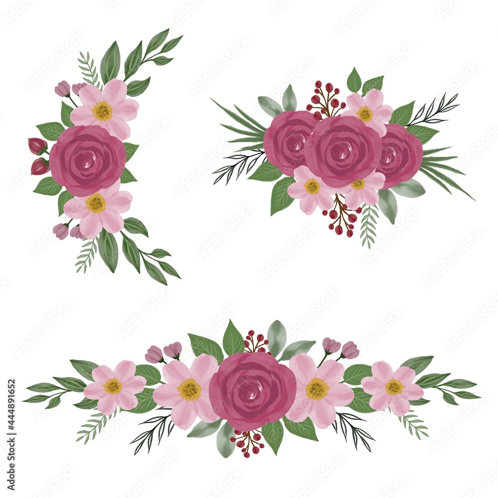 arrangement of red roses and pink flower watercolor
