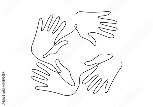 Continuous line drawing of four human hands showing their business teamwork or friendship. Teamwork and partnership concept isolated on white background. Family, friends hand drawn minimalism style