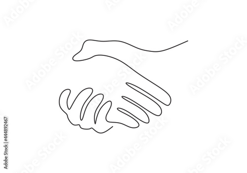 Continuous one line vector illustration of a handshake. Business agreement concept isolated on white background. Shaking hands of business partners drawn by one line in minimalism design