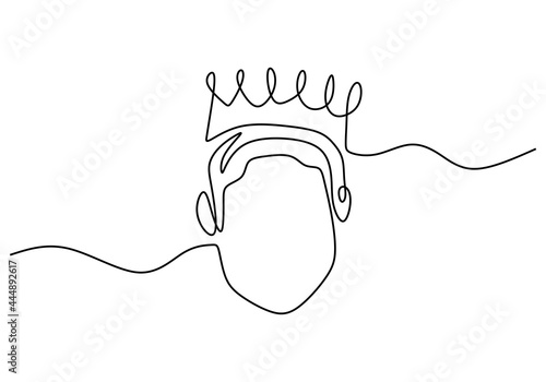 One continuous line drawing medieval historical european monarch king in a crown isolated on white background. A young handsome prince in kingdom concept. Vector illustration in minimalism style
