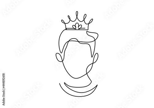 One continuous line drawing medieval historical european monarch king in a crown isolated on white background. A young handsome prince in kingdom concept. Vector illustration in minimalism style
