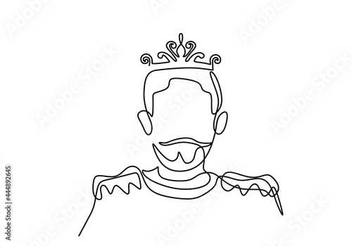 One continuous line drawing medieval historical european monarch king in a crown isolated on white background. A young handsome prince in kingdom concept. Vector illustration in minimalism style