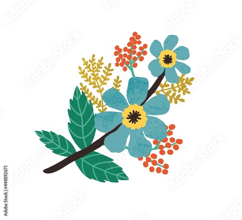 Blooming wild flowers, leaves and red berries. Modern botanical floral composition of blossomed meadow plants. Colored flat vector illustration of beautiful wildflowers isolated on white background