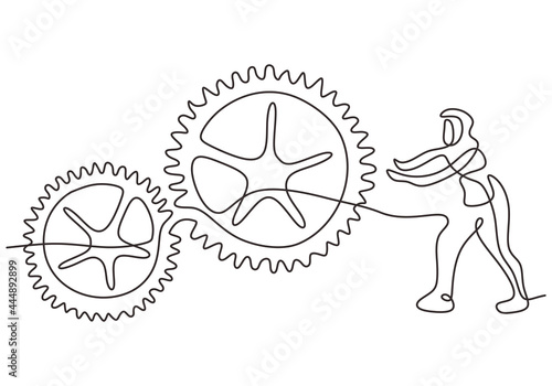 Man with moving gears wheels in continuous line drawing minimalist design. Round wheel metal symbol company logotype template for business teamwork concept line art graphic design vector illustration