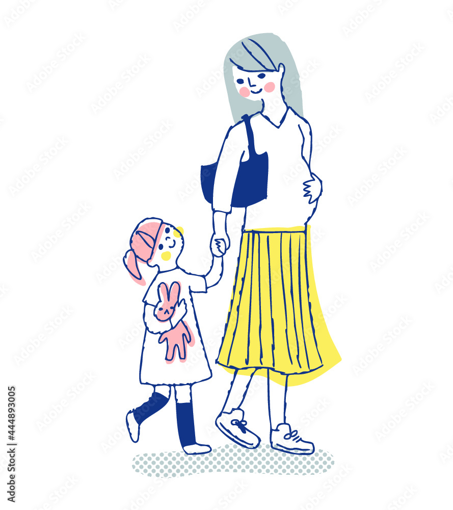 手をつないでいる女の子と妊娠中のママ