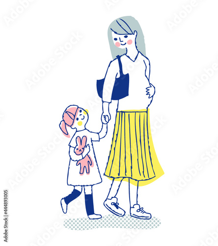 手をつないでいる女の子と妊娠中のママ