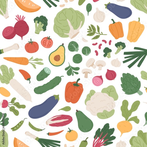 Seamless pattern with fresh vegetables on white background. Repeatable texture with different vegetarian food. Printable farm organic veggies for wrapping. Colored flat vector illustration photo