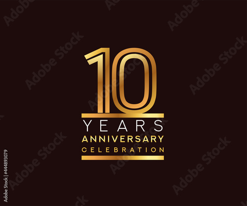10th years anniversary celebration logotype. Anniversary logo with golden and silver color isolated on black background, vector design for celebration, invitation card, and greeting card