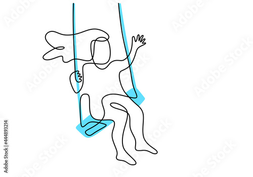 Continuous one line drawing of a cute kid sitting and playing swinging minimalism design. A little girl is very cheerful playing at the playground. Happy childhood isolated on white background