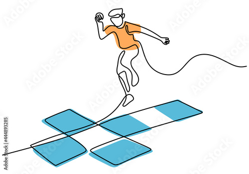 Continuous single line drawing of a boy playing engklek or Zondag Maandag, a traditional games. Happy little kid playing in the field isolated on white background. Vector illustration