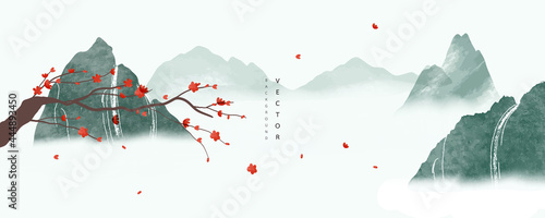 landscape Asian background ,Oriental Chinese and Japanese style abstract pattern background design  with mountain and waterfall decorate in water color texture