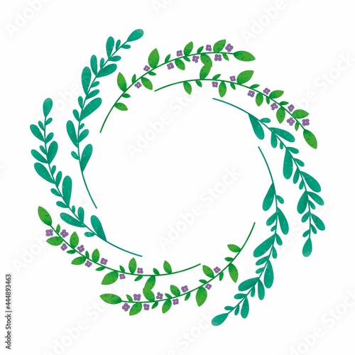 Invitation design with herbs, branches, leaves. Template, frame, circle, garland. Raster branches, leaves isolated on white background.