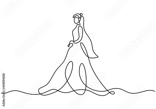 Beautiful woman in long flowing dress continuous line art drawing style. Girl wearing luxury bridal gown isolated on white background. Vector illustration minimalist black linear sketch.