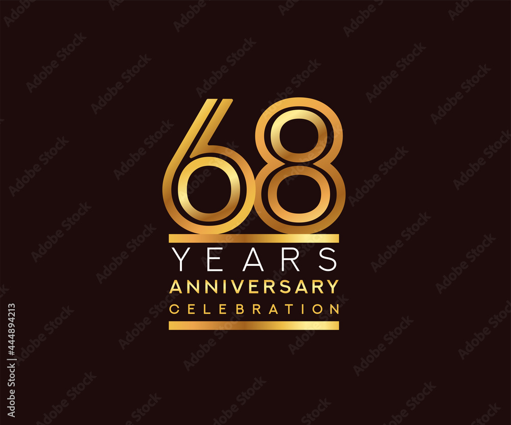 68th years anniversary celebration logotype. Anniversary logo with golden and silver color isolated on black background, vector design for celebration, invitation card, and greeting card