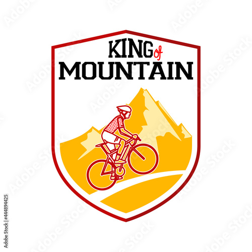 King of Mountains (KoM). best road cycling mountain climber. cyclist climb hill with mountain backround badge. vector illustration