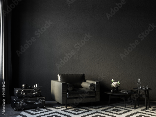 Black interior with leather armchair, coffee table and decor. 3d render illustration mockup.