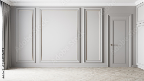 Gray classic interior with moldings, blank wall. 3d render illustration mockup.