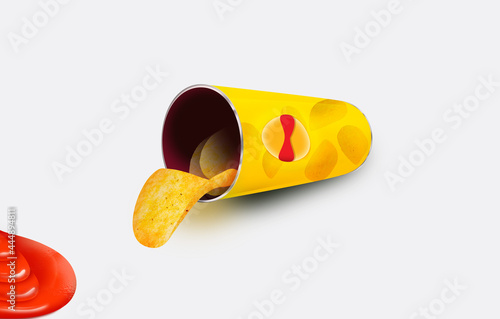 A creative 3D look mockup of lusty potato wafer attracted towards tomato ketchup. Helpful for advertising, branding, banner, etc.