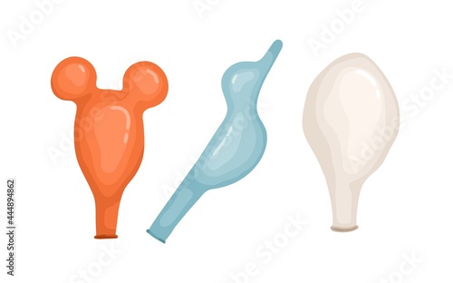 Set of empty deflated balloons of different color and shape. Uninflated rubber air ballons. Not inflated festive latex items. Flat vector illustration isolated on white background