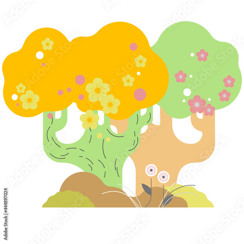 green and yellow unpaired plant on white background, green and yellow unpaired plant vector image with rocks on ground, nature vector, yellow tree, green tree on ground . Rock on earth vector. 