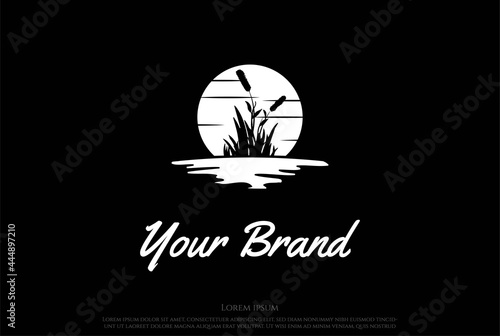 Sunset Sunrise Moon Grass Cattails Reed River Lake Creek Logo Design Vector
