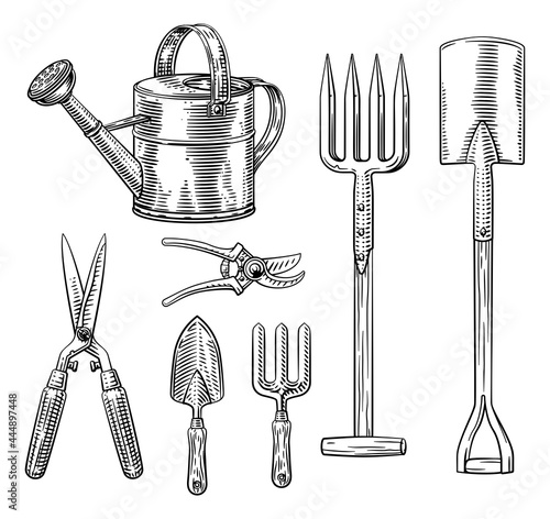 Garden Gardening Tools Set Woodcut Vintage Style