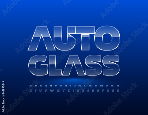 Vector business sign Auto Glass. Glossy creative Alphabet Letters and Numbers set. Ice textured Font