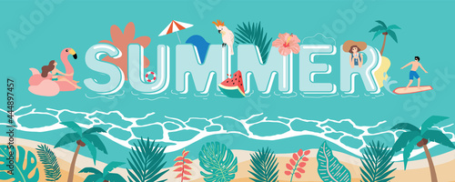 Summer background with coconut tree, sea ,people on the beach