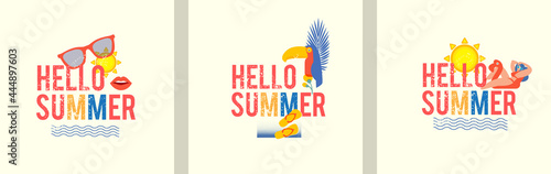 Hello, Summer! Season poster template set with silk-screen effect. Serigraphy design.