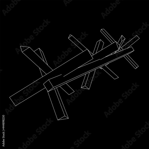 Hedgehog antitank defence. Wireframe low poly mesh vector illustration.