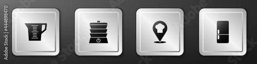 Set Measuring cup, Slow cooker, Chef hat with location and Refrigerator icon. Silver square button. Vector