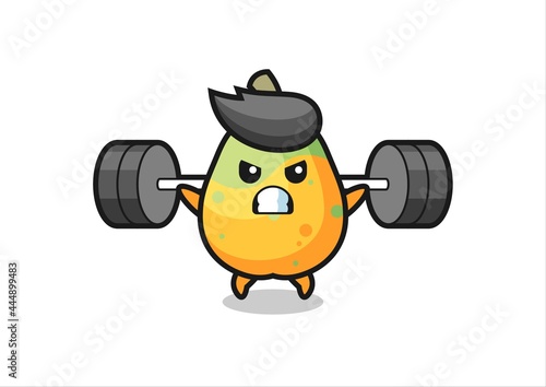 papaya mascot cartoon with a barbell