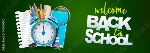 Back to school banner or header. Education design concept with college stationery supplies for students and teachers. Realistic 3d vector illustration.