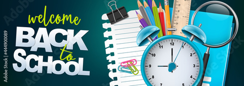 Back to school banner or header. Education design concept with college stationery supplies for students and teachers. Realistic 3d vector illustration.