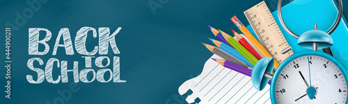 School banner or header. Education design concept with college stationery supplies for students and teachers on blue chalkboard background. Realistic 3d vector illustration.