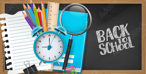 School banner. Education design concept with college stationery supplies for students and teachers on black chalkboard background. Realistic 3d vector illustration.