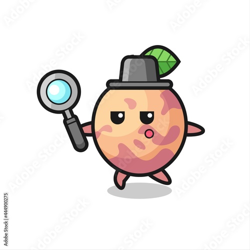 pluot fruit cartoon character searching with a magnifying glass