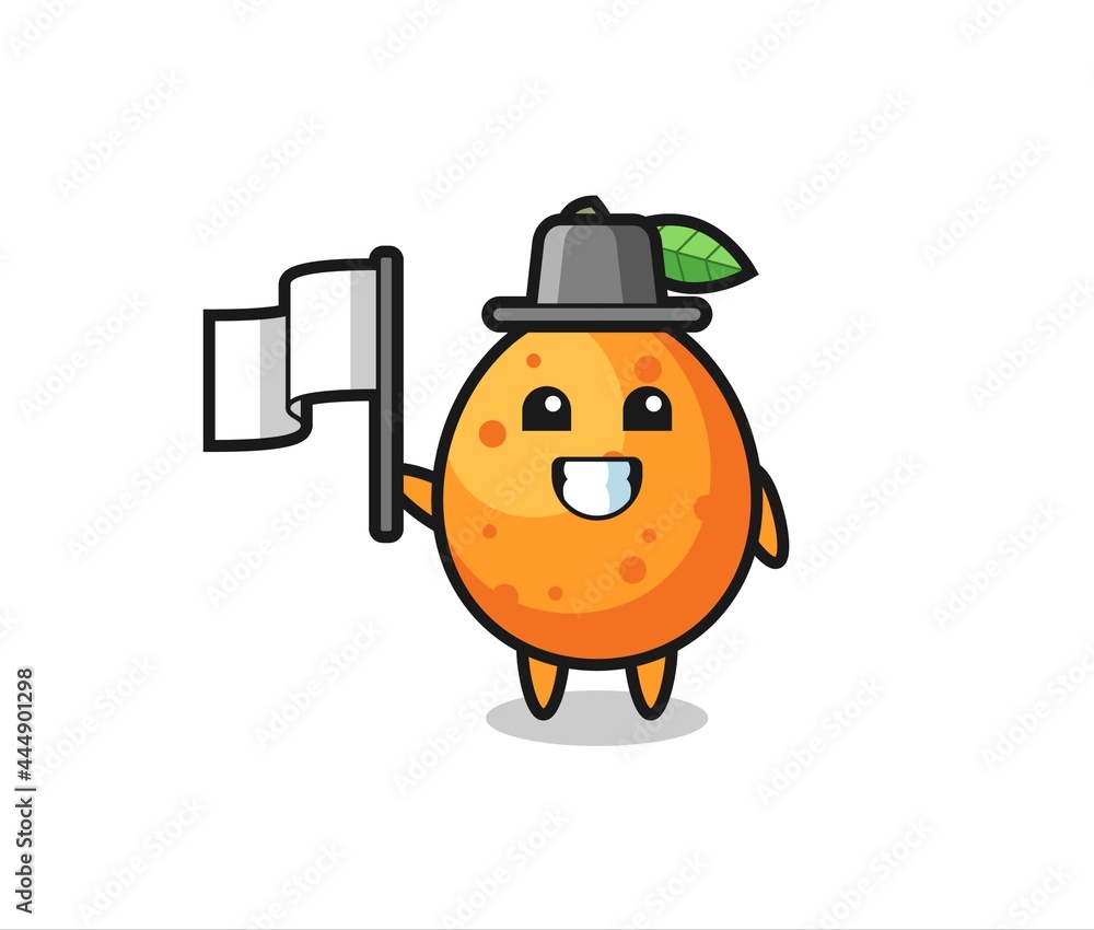 Cartoon character of kumquat holding a flag