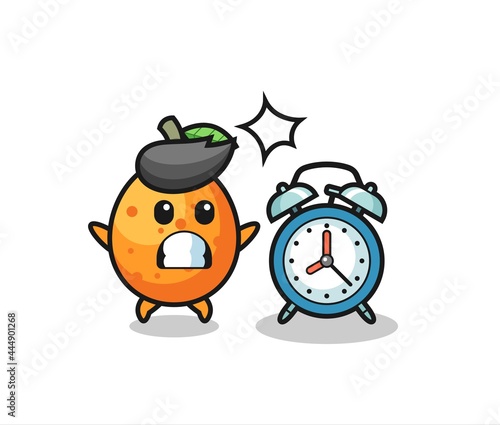 Cartoon Illustration of kumquat is surprised with a giant alarm clock