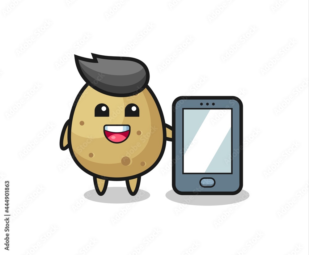 potato illustration cartoon holding a smartphone