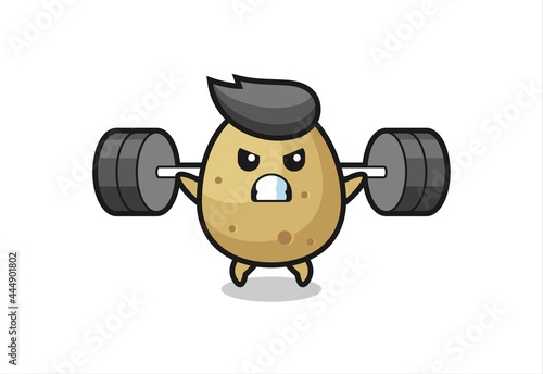potato mascot cartoon with a barbell