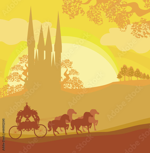 Silhouette of a horse carriage and a medieval castle