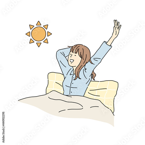起床、女性、起きる、寝起き、朝日、伸びをする