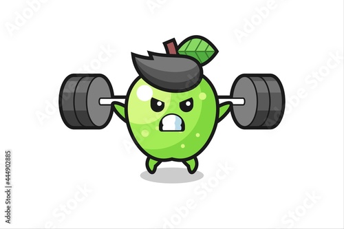 green apple mascot cartoon with a barbell