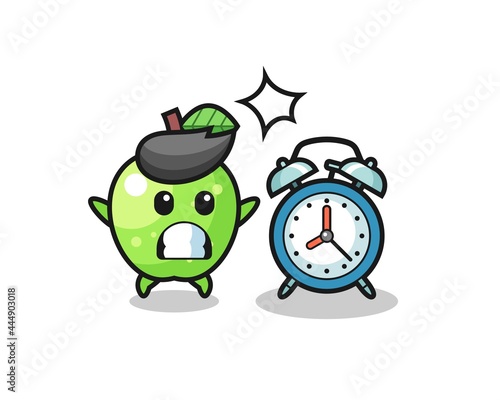 Cartoon Illustration of green apple is surprised with a giant alarm clock