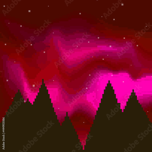 Night sky, Aurora Borealis, Northern Lights. Pixel background 8 bit Pixel art