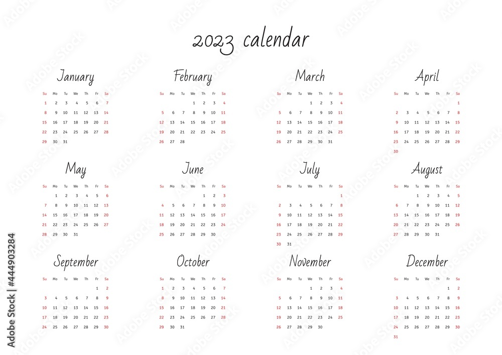 Wall calendar 2023. Blank printable horizontal one-page calendar. Vector illustration 10 EPS. Wall calendar 2023. Blank printable horizontal one-page calendar. Vector illustration 10 EPS.
